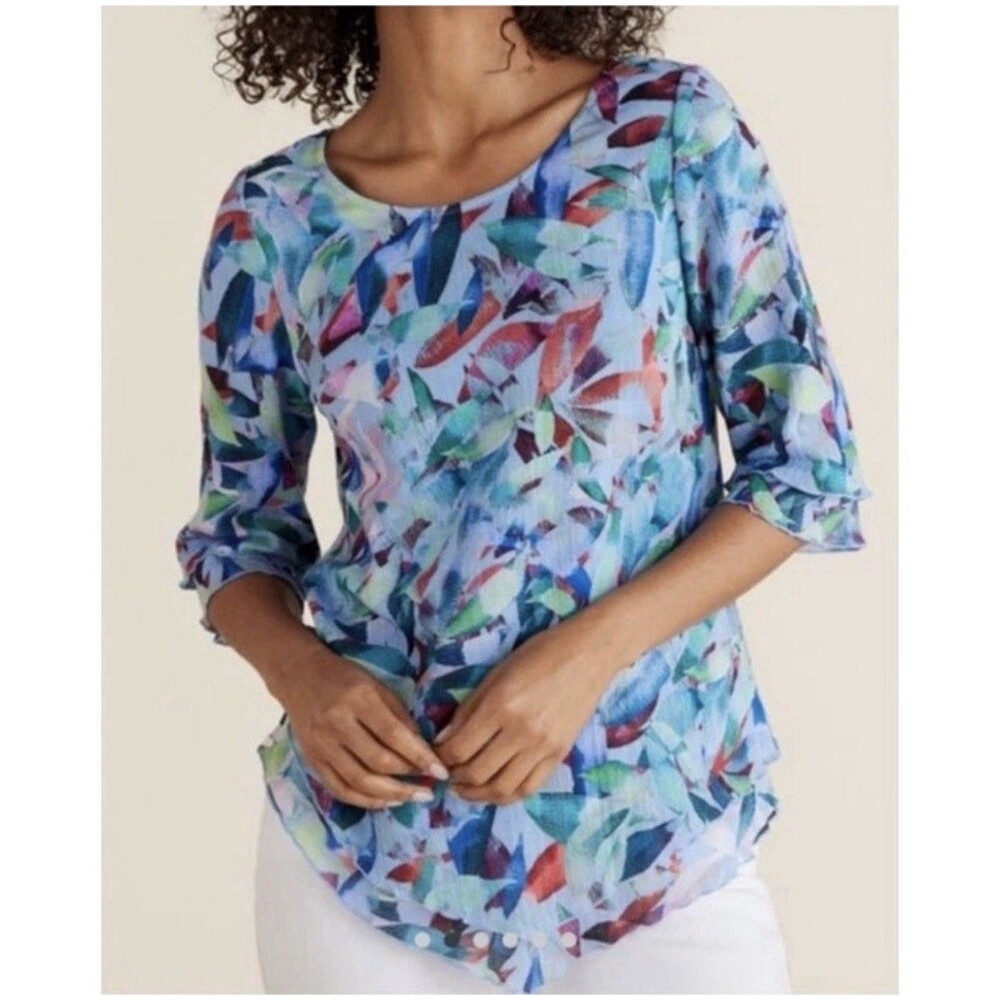 Soft Surroundings Siesta Key Layered Gauze Tunic Top Botanical Large Blue Tiered